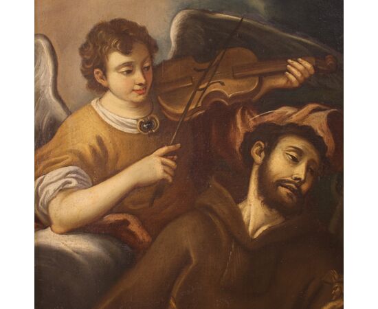Antique Italian painting from 18th century, Saint Francis and the Angel