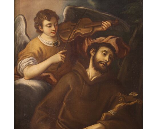 Antico dipinto italiano del XVIII secolo, San Francesco e l'Angelo