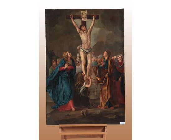 Olio su tela italiano settentrionale del 1700 raffigurante dipinto crocifissione di Gesù