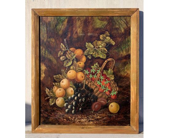 J. Clays (British, XIX-XX sec.) - Natura morta con cesto di frutta.