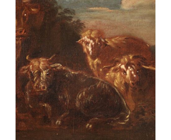 Italian painting from the 17th century, landscape with grazing goats and cows