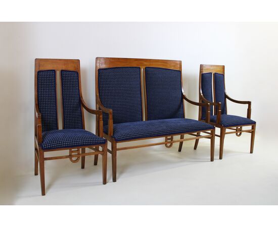 Salottino Liberty in legno di faggio e velluto blu -  epoca: 1900 (set 4 pezzi)