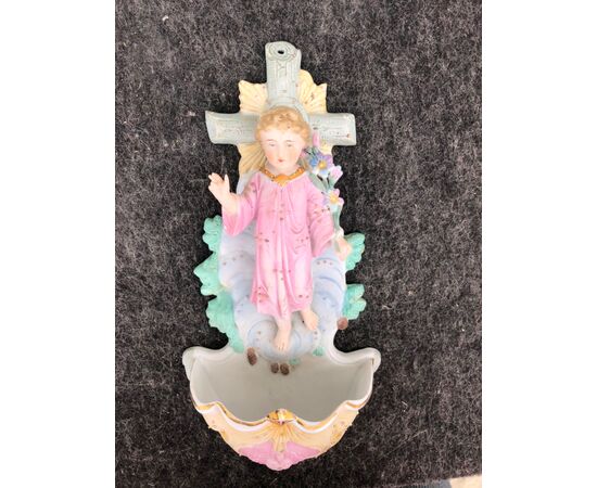 Bisque porcelain holy water stoup with figure of Jesus Children blessing with bouquet of flowers Germany.     