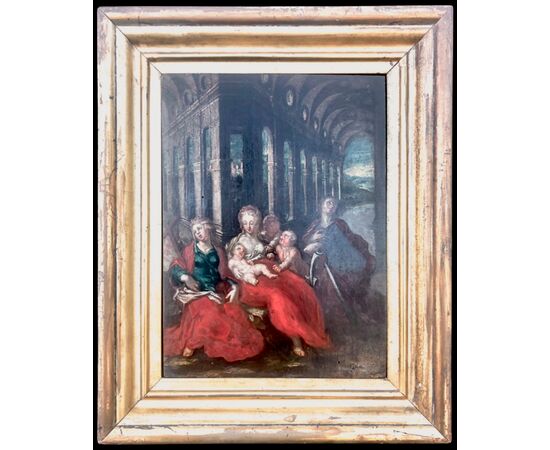 Dipinto olio su tavola Madonna con Bambino e personaggi con architetture.Cornice dell’800.
