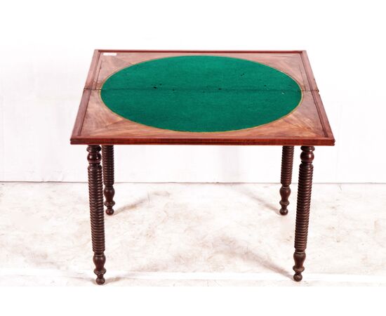 Tavolino da gioco francese stile Carlo X del 1800 in legno di mogano