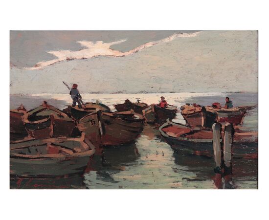 Lomi Giovanni (Livorno 1889-1969) - Marina con pescatori