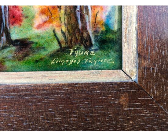 Dipinto in smalto raffigurante paesaggio con fiume.Firma :Camille Faure’.Limoges Francia.Cornice in legno ebanizzato.