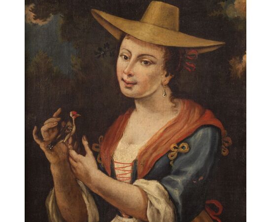 Italian framework portrait of a girl with a goldfinch from 18th century