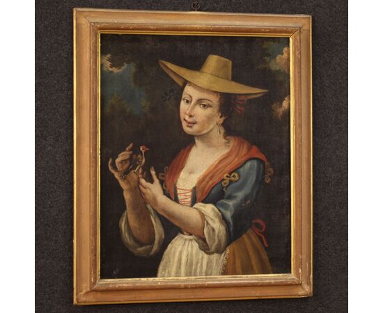 Italian framework portrait of a girl with a goldfinch from 18th century