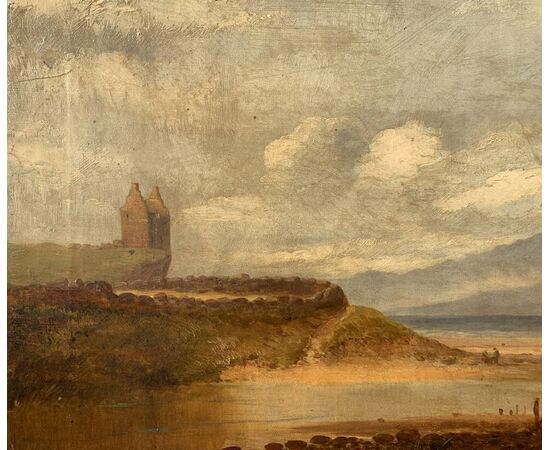 Pittore inglese (fine XIX sec.) - Paesaggio romantico con rocca e pescatore.
