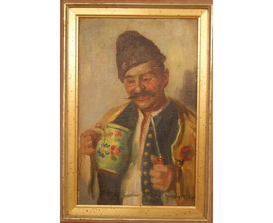 Antico Dipinto olio su tela di Andor G. Horvath (1876-1966) "Uomo con Pipa e Brocca"