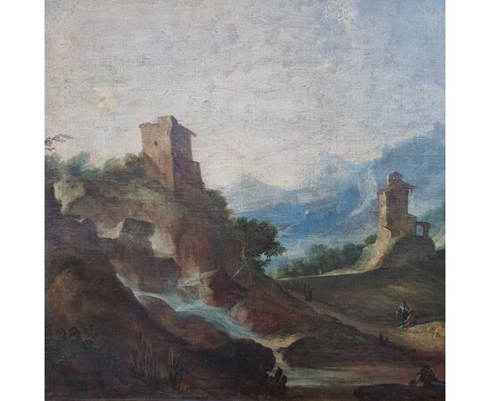 Olio su tela paesaggio con personaggi attribuito a Bartolomeo Pedon 1665-1732