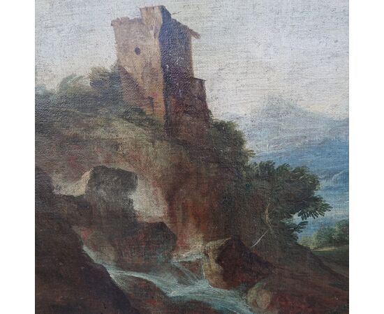 Olio su tela paesaggio con personaggi attribuito a Bartolomeo Pedon 1665-1732
