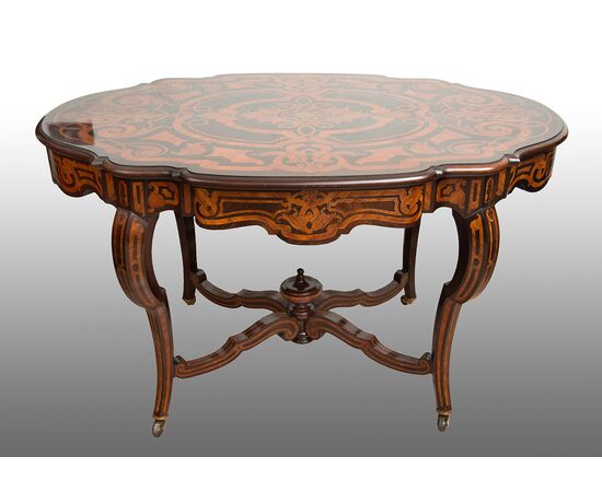 Tavolino/Scrittoio Napoleone III Francese in legni esotici pregiati con innesti di intarsio in argento. Periodo XIX secolo.
