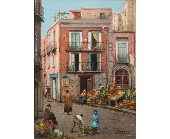 Dipinto antico olio su tela raffigurante scorcio dei quartieri di Napoli firmato"A.AMOROSO. Periodo XX secolo.
