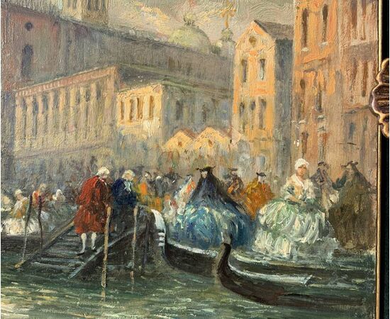 Pittore veneziano (fine XIX sec.) - Venezia, veduta della Riva degli Schiavoni con maschere di carnevale.