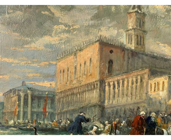 Pittore veneziano (fine XIX sec.) - Venezia, veduta della Riva degli Schiavoni con maschere di carnevale.
