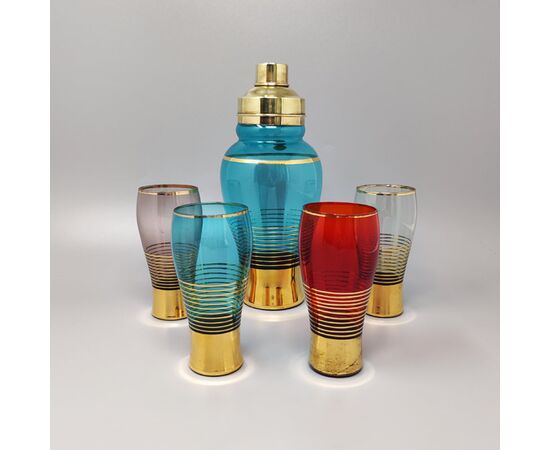 1960s Gorgeous Cocktail Shaker Set with Four Glasses in Crystal. Made in Italy