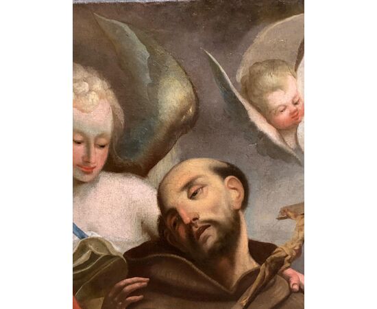17th century painting on oil on canvas depicting Saint Francis supported by an angel. Cm 120 x 90, attributed to Flaminio Torri (Bologna 1620 -1661)     