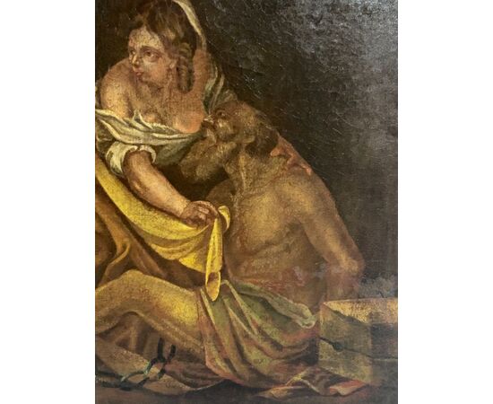 Scuola lombarda  del XVII secolo - Carità Romana. Olio su tela , cm 77 x 56 