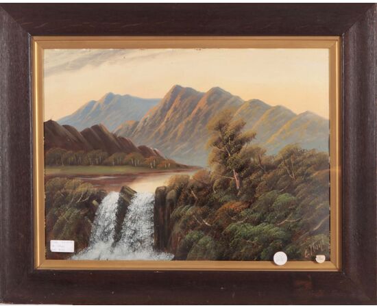 Piccolo dipinto inglese di inizio 1900 Olio su cartone paesaggio con cascata