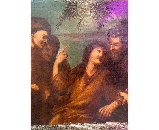 Antico dipinto su tela raffigurante Cristo tra i discepoli  XVII secolo cm 97 x134 