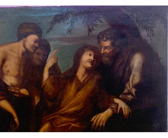 Antico dipinto su tela raffigurante Cristo tra i discepoli  XVII secolo cm 97 x134 