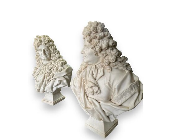 XX Secolo, Coppia di grandi busti in Marmo, Re Sole, Luigi XIV