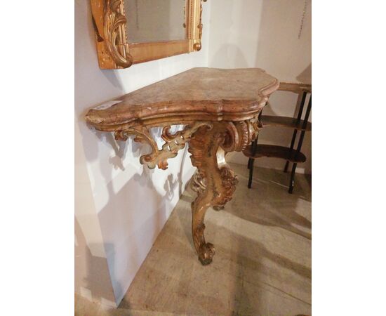 Consolle italiana laccata con piano in legno marmorizzato fine 700