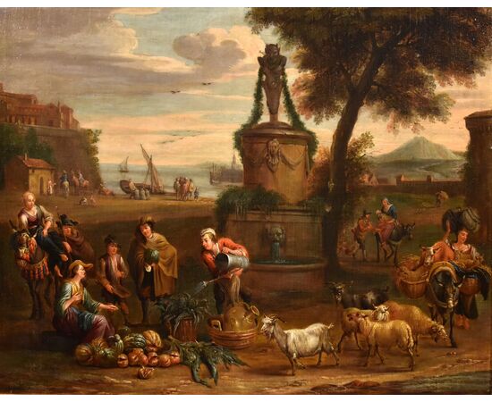 Paesaggio costiero con scena di mercato, Alexander van Bredael (Antwerp 1663 - 1720)
