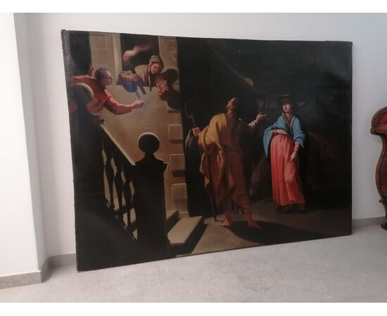 Splendido dipinto genovese XVII sec. Maria incinta e S. Giuseppe cercano alloggio (parte di una coppia: altro I sogni di S. Giuseppe)