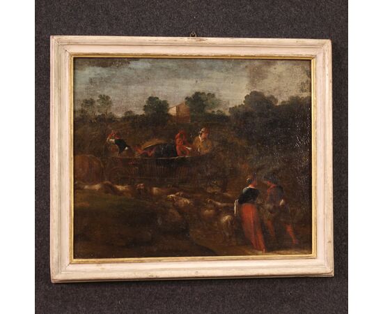 Dipinto paesaggio scena pastorale con carro del XVIII secolo