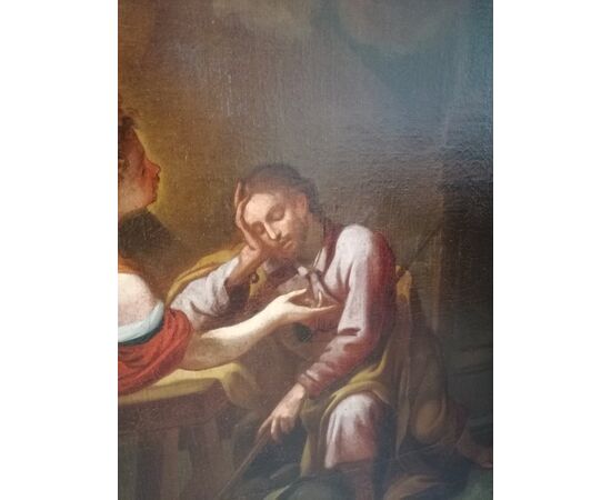 Splendido dipinto genovese XVII sec. I sogni di S. Giuseppe (parte di una coppia: altro Maria incinta e S. Giuseppe cercano alloggio)