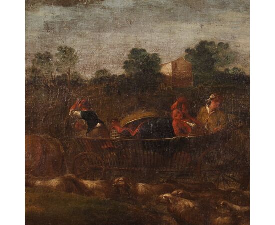Painting landscape pastoral scene with chariot from the 18th century