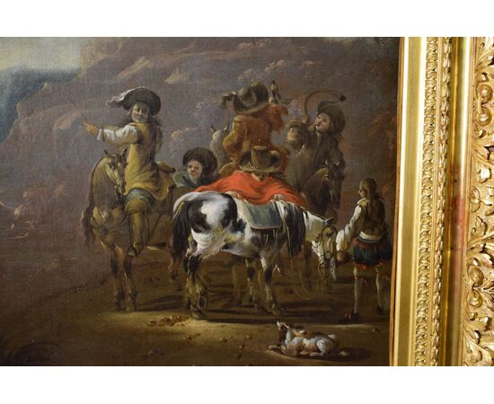 Scena di caccia, pittore olandese della fine del XVII secolo, olio su tela