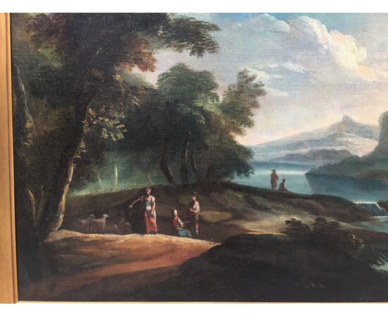 Giovanni Domenico Gambone (1720/ 1793) cerchia di, Paesaggio fluviale con viandanti e pastori, olio su tela