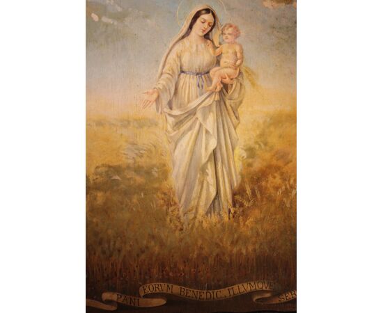 Madonna con Bambino protettrice del grano e dei pani iscrizione latina | Dipinto olio su tavola 