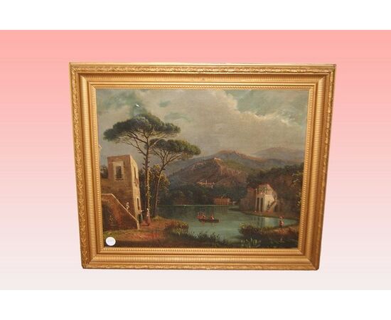 Quadro inglese del 1800 Olio su tela "Paesaggio con fiume e monti" 