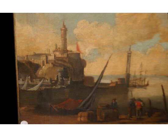 Olio su tela inglese del 1700 "Veduta Marina con personaggi"