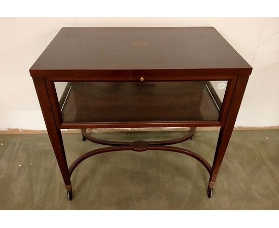 Tavolino basso a bacheca stile Vittoriano del 1800 in mogano con intarsi