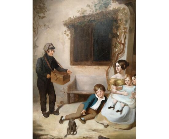 Olio su tela inglese del 1800 "Scena familiare" all'aperto