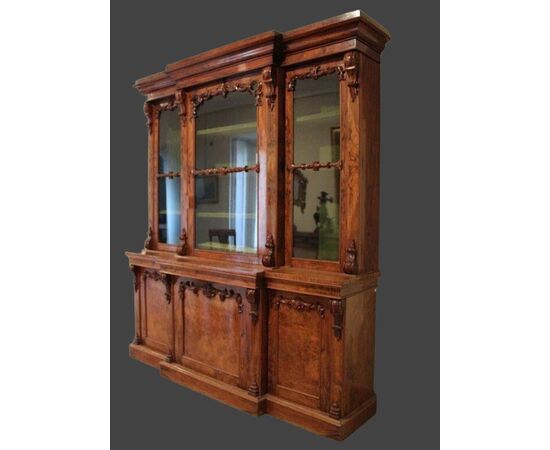 Antique bookcase with three doors showcase, antique wooden bookcase