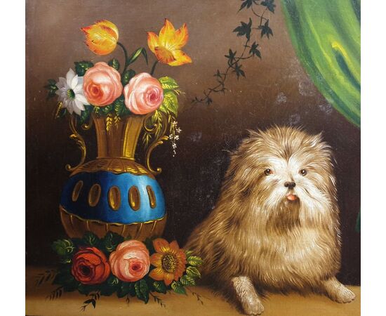 Scuola  Biedermaier primo XIX secolo "Vaso di fiori con cane" 