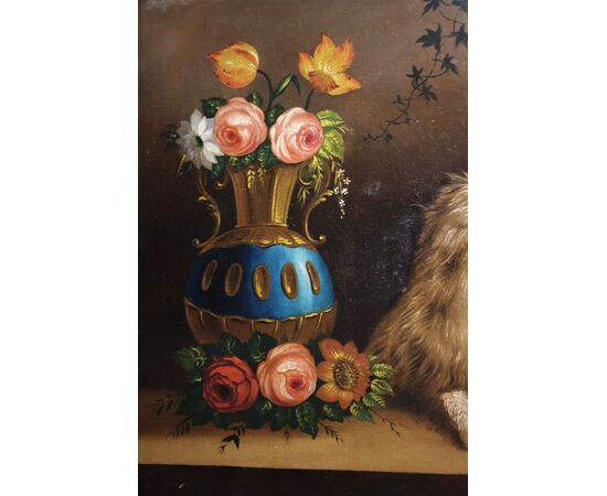 Scuola  Biedermaier primo XIX secolo "Vaso di fiori con cane" 
