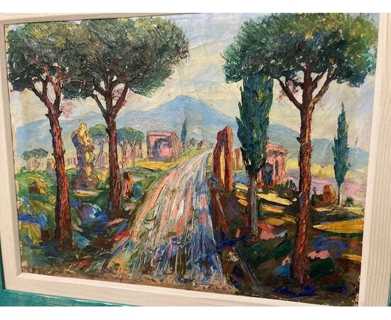 Antico dipinto viale alberato anni 40 olio su tela materico. Bellissimo . Mis 80 x 71 