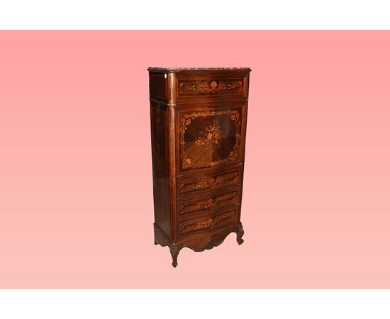 Bellissimo Secretaire transizione francese del 1800 in mogano e palissandro riccamente intarsiato