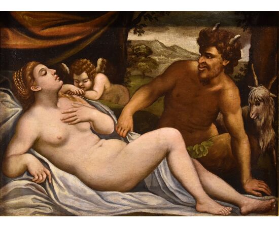 Venere e Amore dormienti spiati da un satiro, Bottega di Jacopo Negretti, detto Palma il Giovane (Venezia 1544 - 1628)