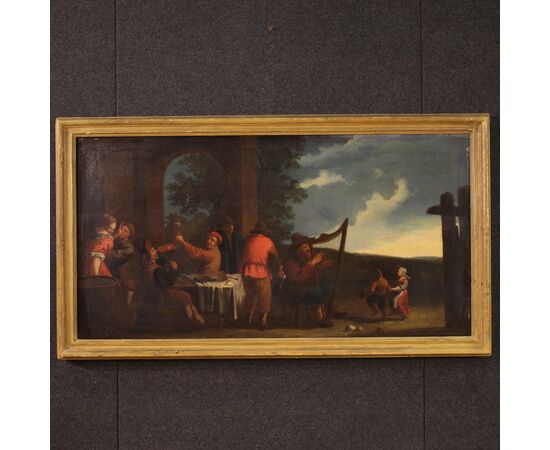 Dipinto olio su tela del XVII secolo, scena di genere bamboccianti
