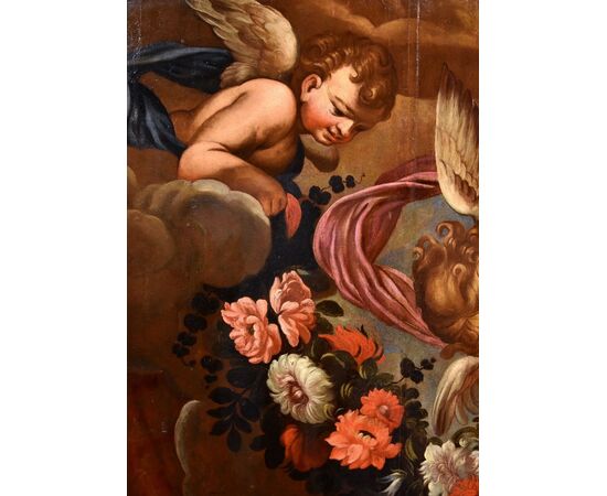 Coppia di angeli con festone floreale, Carlo Maratta (Camerano, 1625 - Roma, 1713) Bottega di 