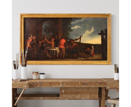 Painting oil on canvas from the 17th century, Bamboccianti genre scene